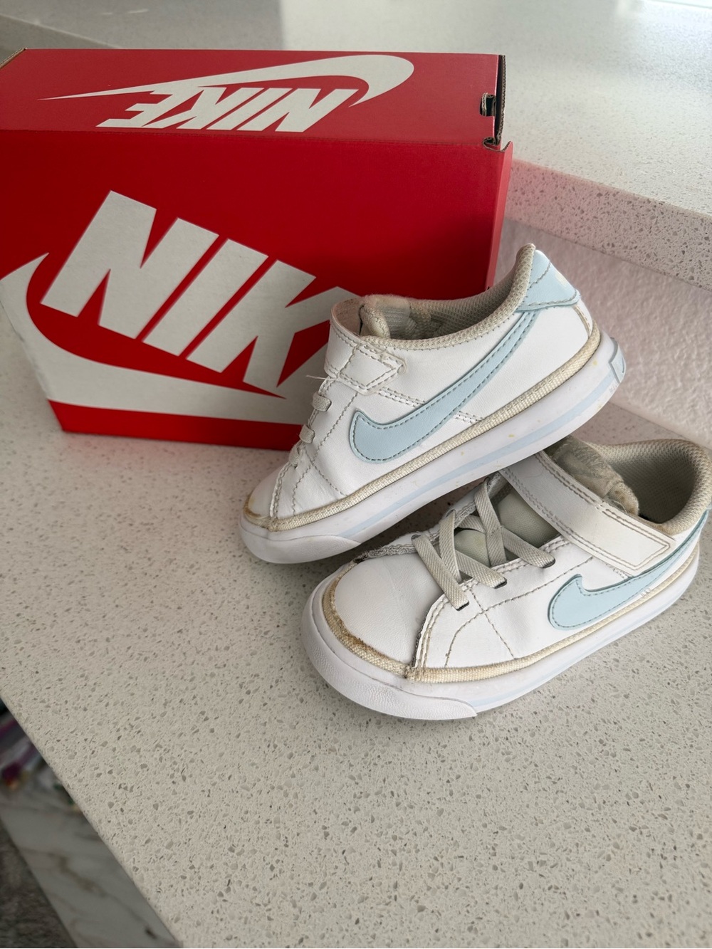 Nike Kids White Sneakers with Light Blue Swoosh